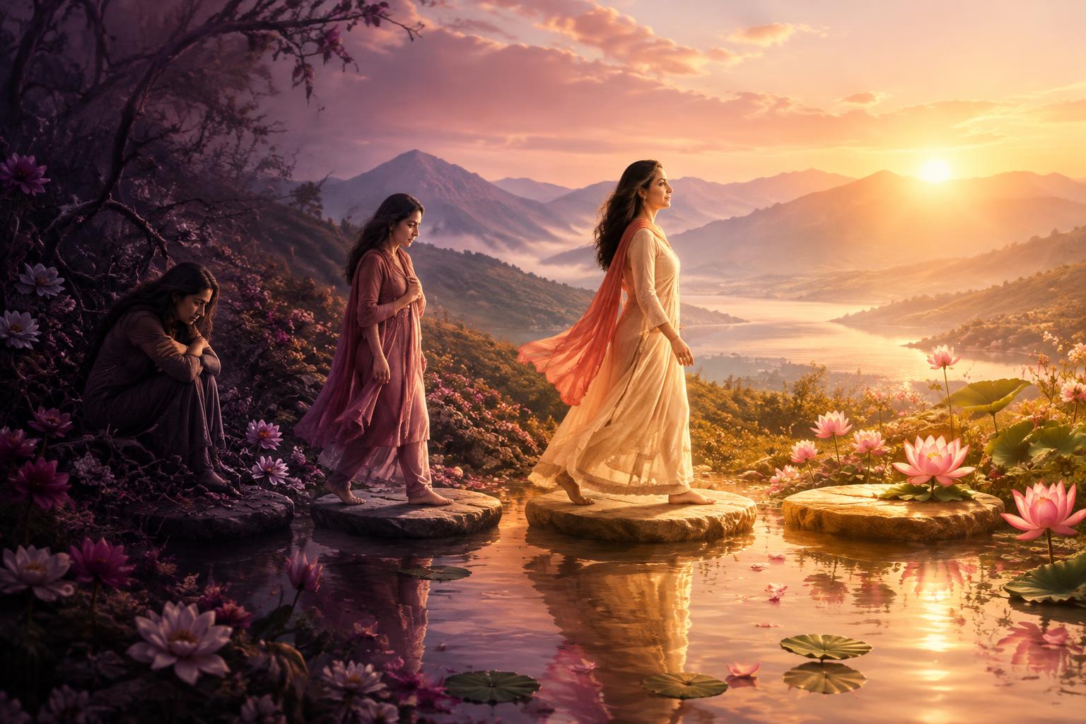 A visual journey from emotional heaviness toward calm and inner radiance